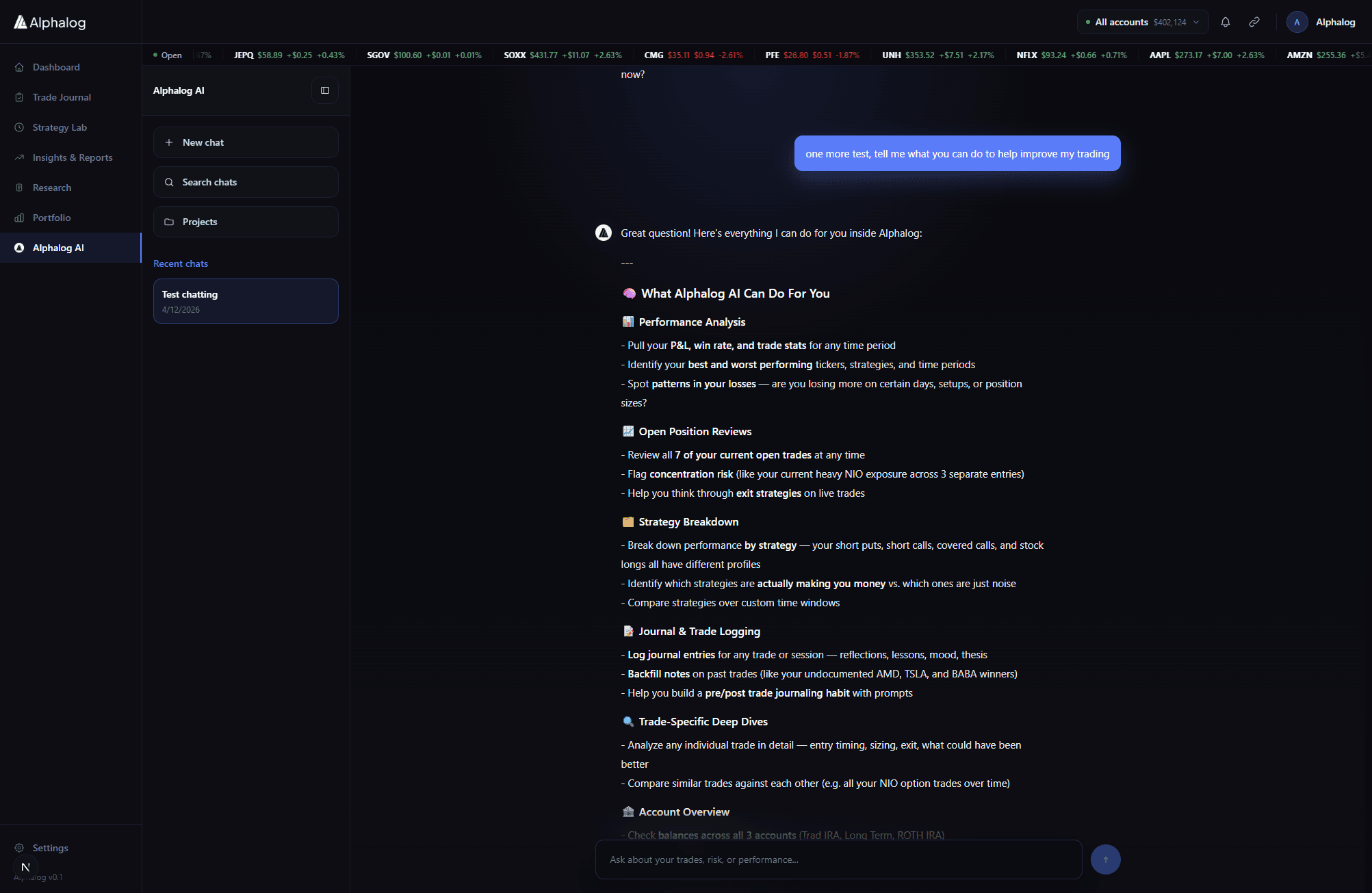 Alphalog AI workspace chatting about recent trades