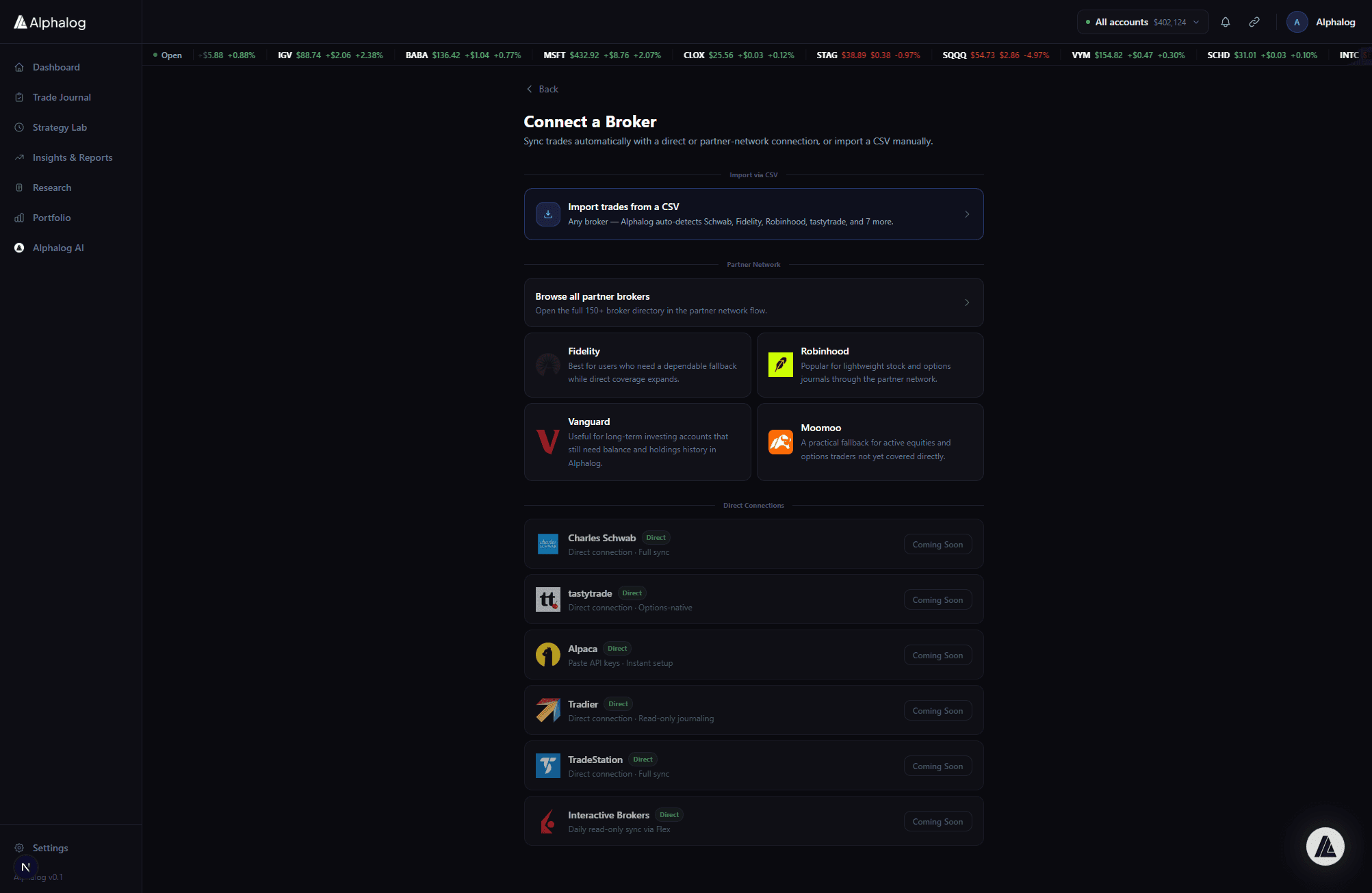 Alphalog Connect Broker screen with CSV import, partner network, and direct connections